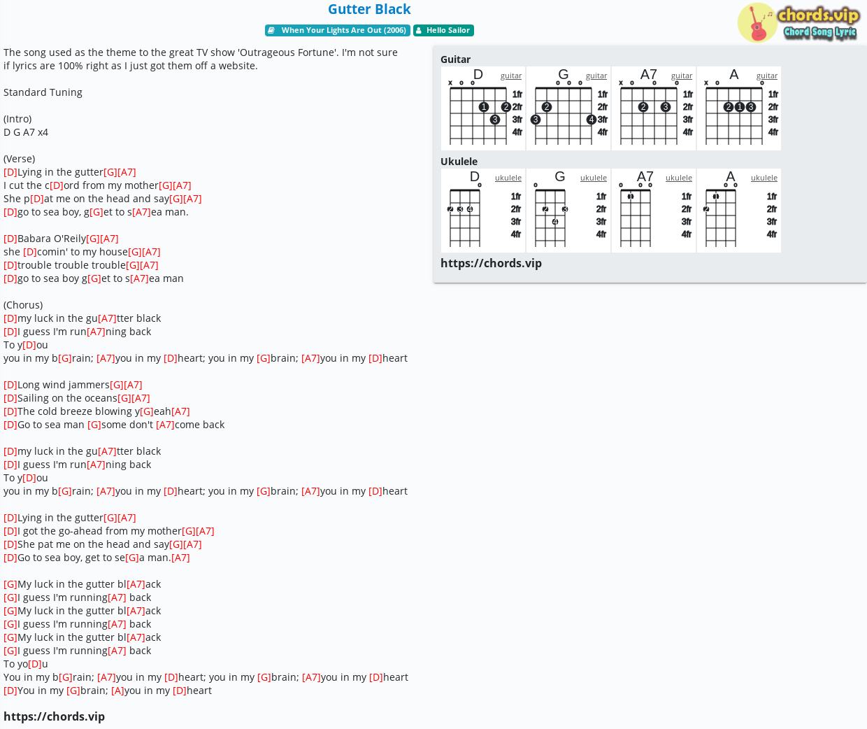 Dekorative på den anden side, Kollegium Chord: Gutter Black - Hello Sailor - tab, song lyric, sheet, guitar,  ukulele | chords.vip