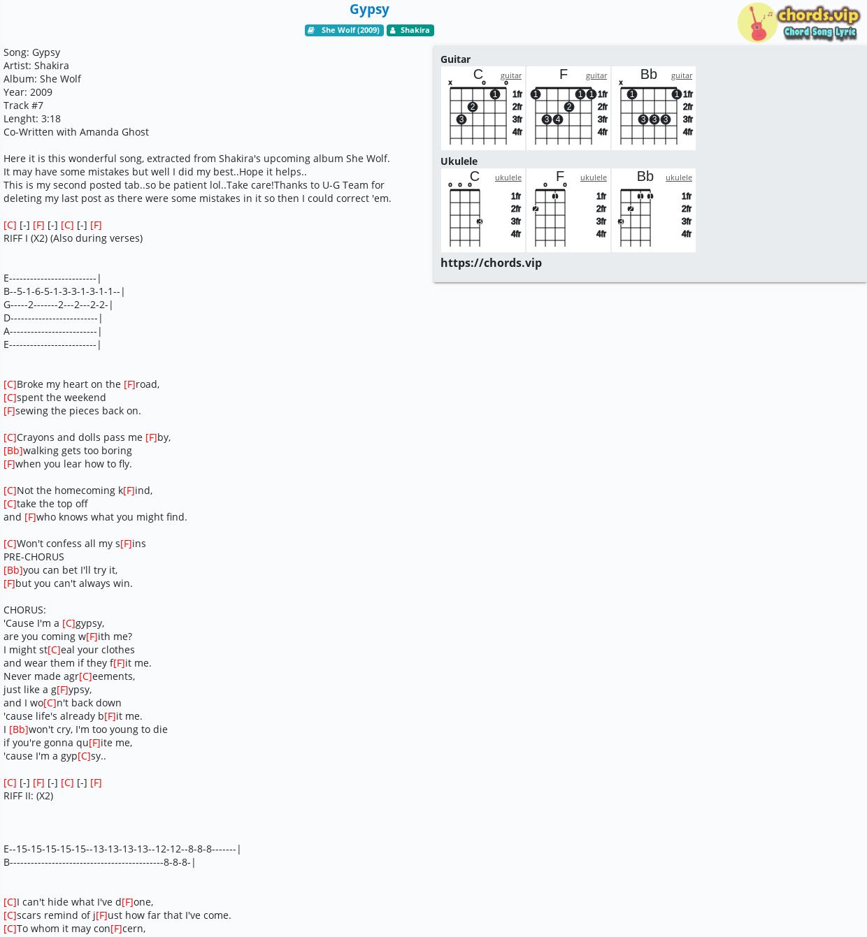 Chord Gypsy Shakira Tab Song Lyric Sheet Guitar Ukulele Chords Vip