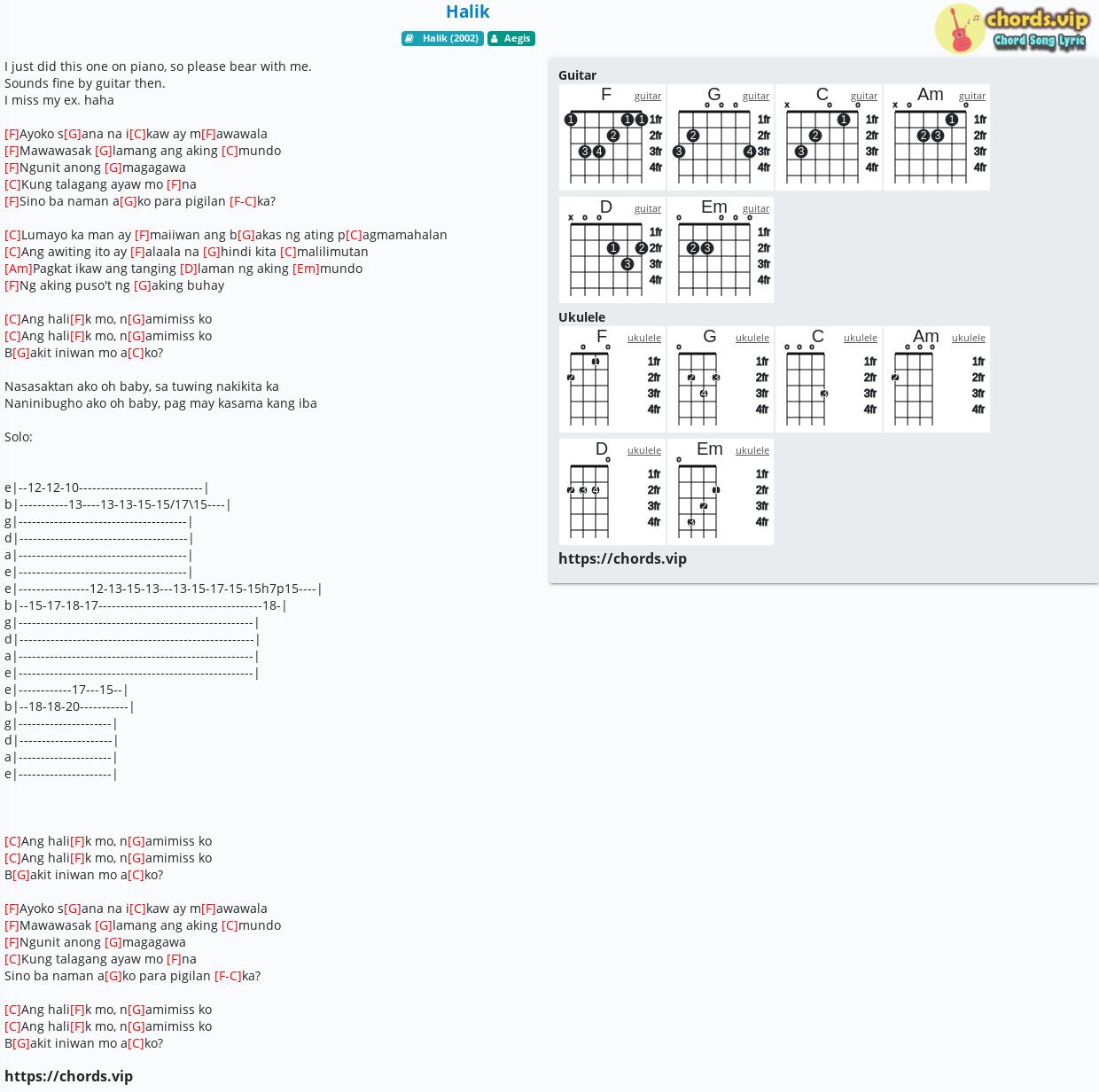 Chord Halik Aegis Tab Song Lyric Sheet Guitar Ukulele Chords Vip