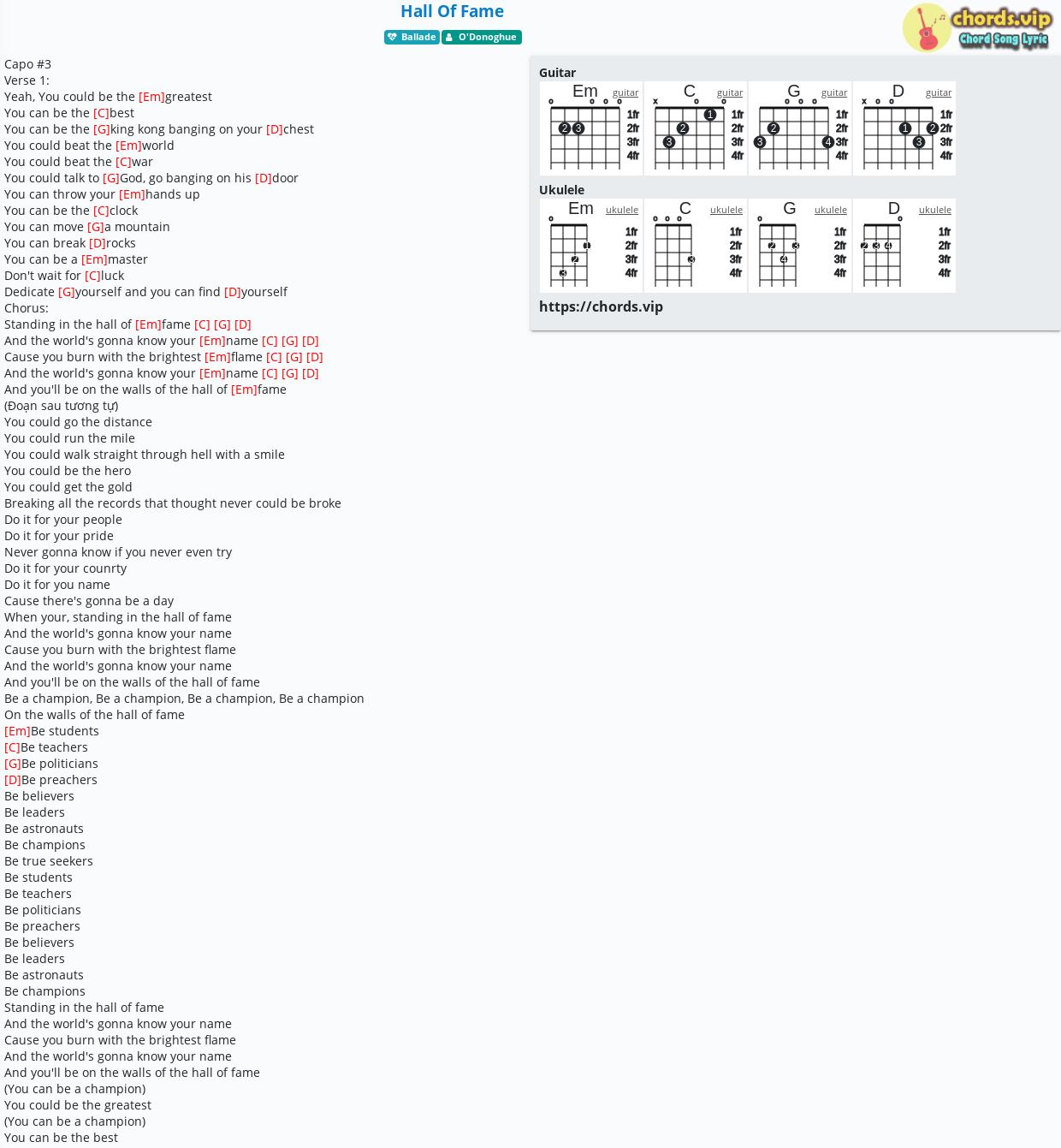 Chord Hall of Fame tab, song lyric, sheet, guitar, ukulele chords.vip