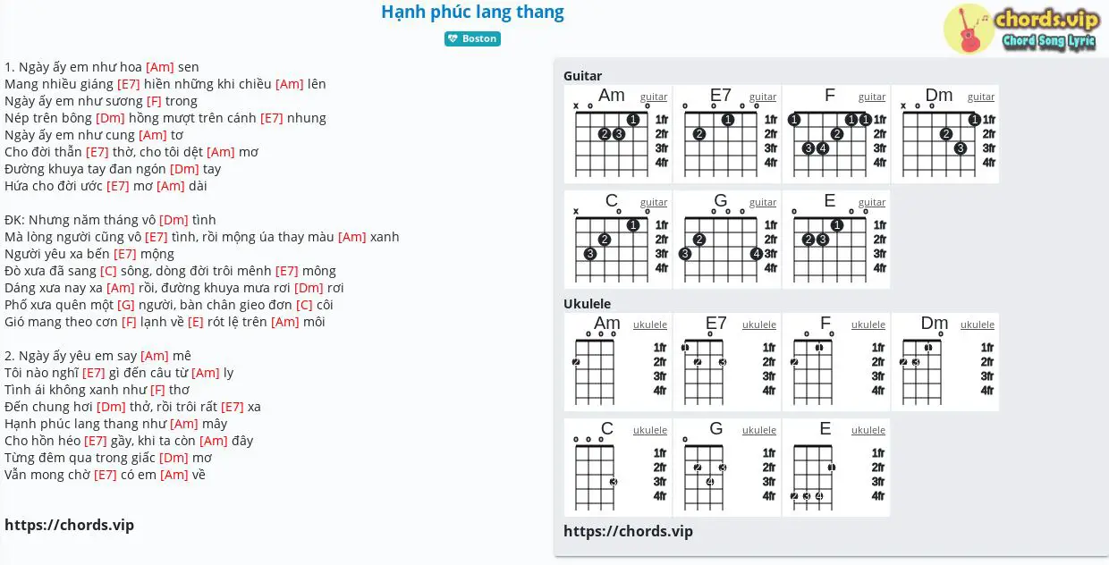 Hợp âm: Hạnh phúc lang thang - Anh Bằng,Trần Ngọc Sơn - cảm âm, tab guitar, ukulele - lời bài hát | chords.vip