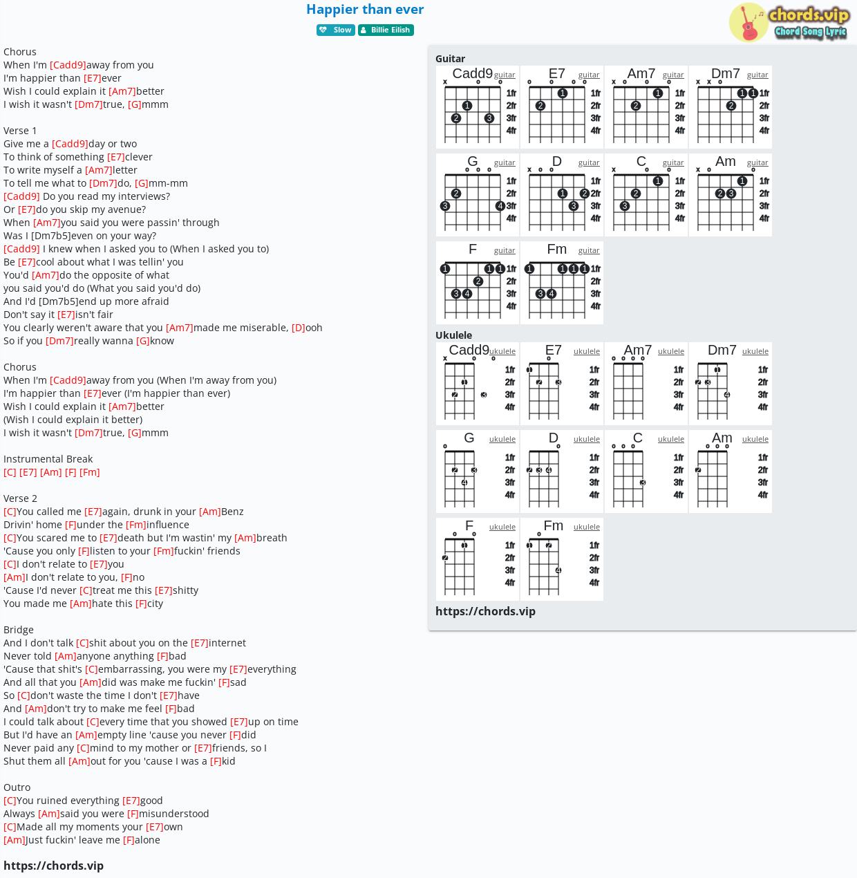 Chord: Happier than ever - tab, song lyric, sheet, guitar, ukulele
