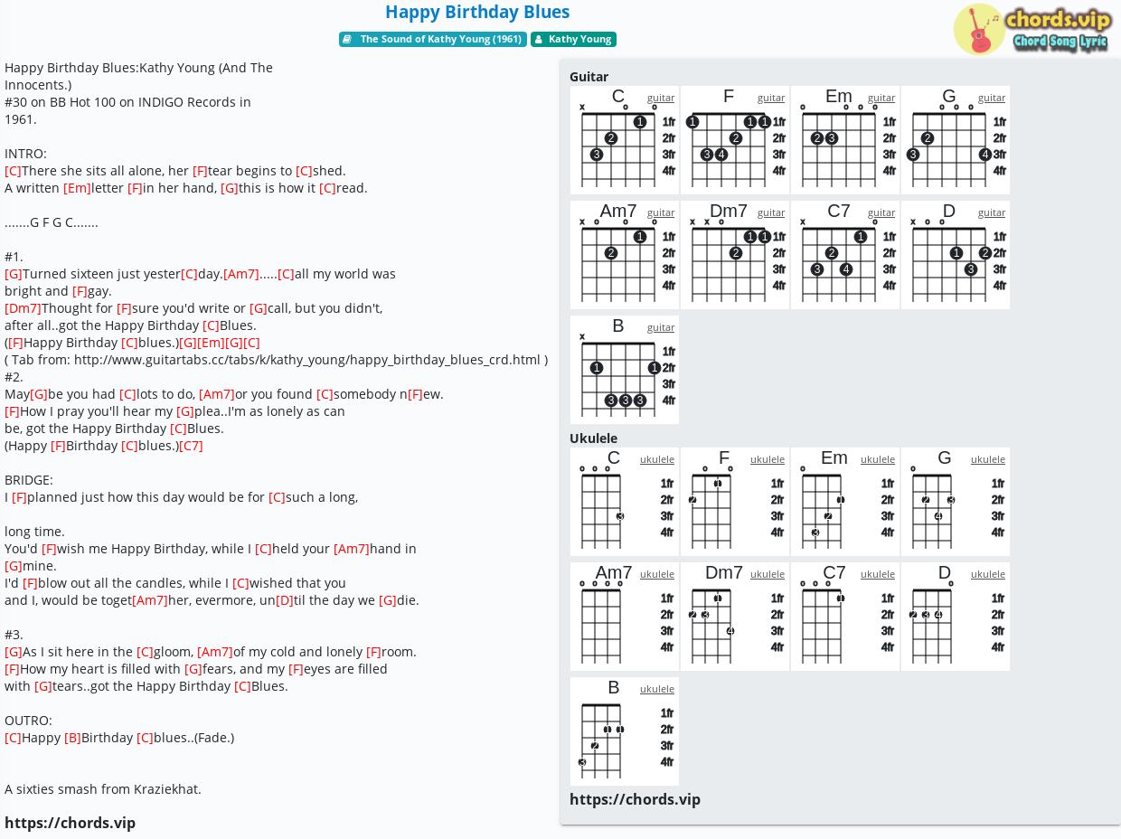 Chord Happy Birthday Blues Kathy Young Tab Song Lyric Sheet Guitar Ukulele Chords Vip