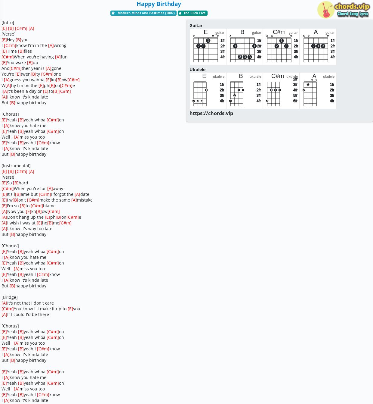 Chord Happy Birthday The Click Five Tab Song Lyric Sheet Guitar Ukulele Chords Vip