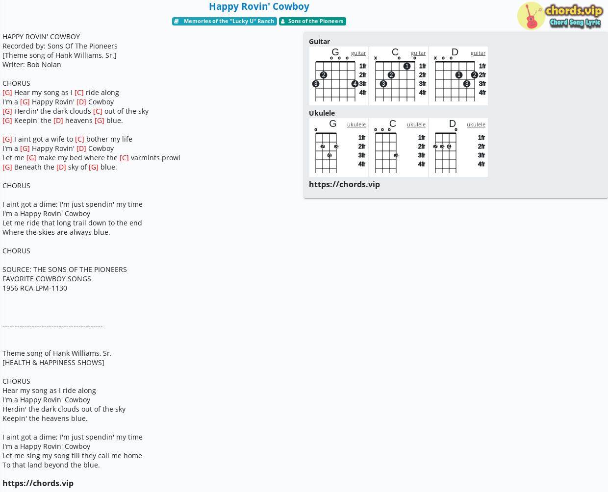 Chord Happy Rovin Cowboy Sons Of The Pioneers Tab Song Lyric Sheet Guitar Ukulele Chords Vip