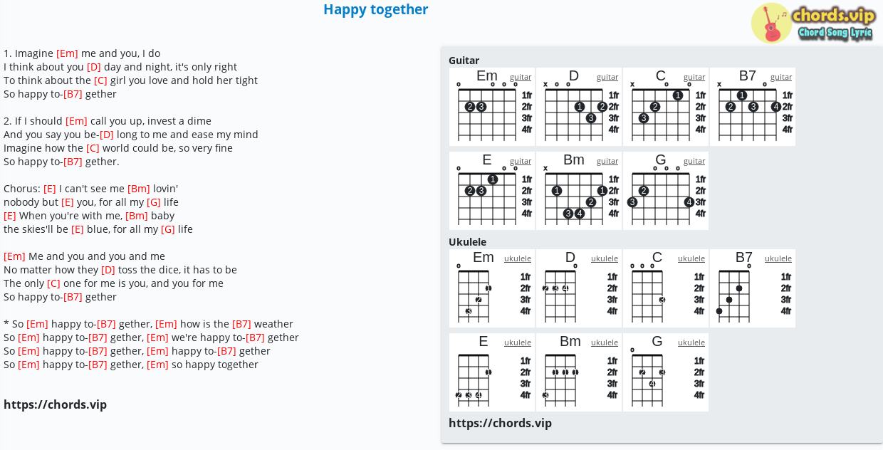 Chord: Happy together - tab, song lyric, sheet, guitar, ukulele
