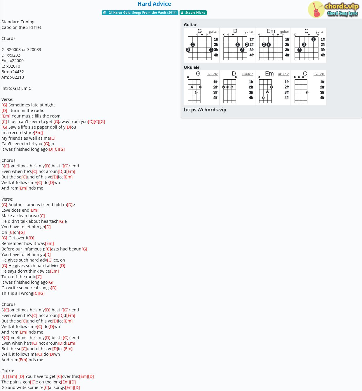 Chord Hard Advice Stevie Nicks tab, song lyric, sheet, guitar
