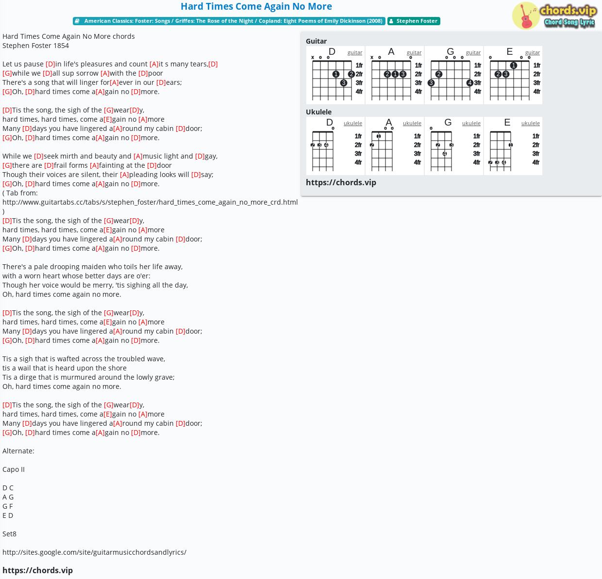 Chord Hard Times Come Again No More Stephen Foster Tab Song Lyric Sheet Guitar Ukulele Chords Vip