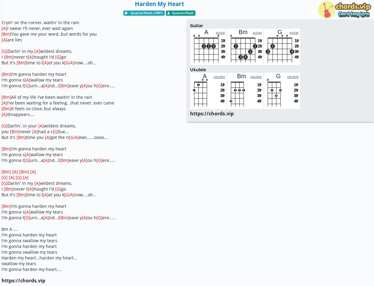 Chord Harden My Heart Quarterflash Tab Song Lyric Sheet Guitar Ukulele Chords Vip