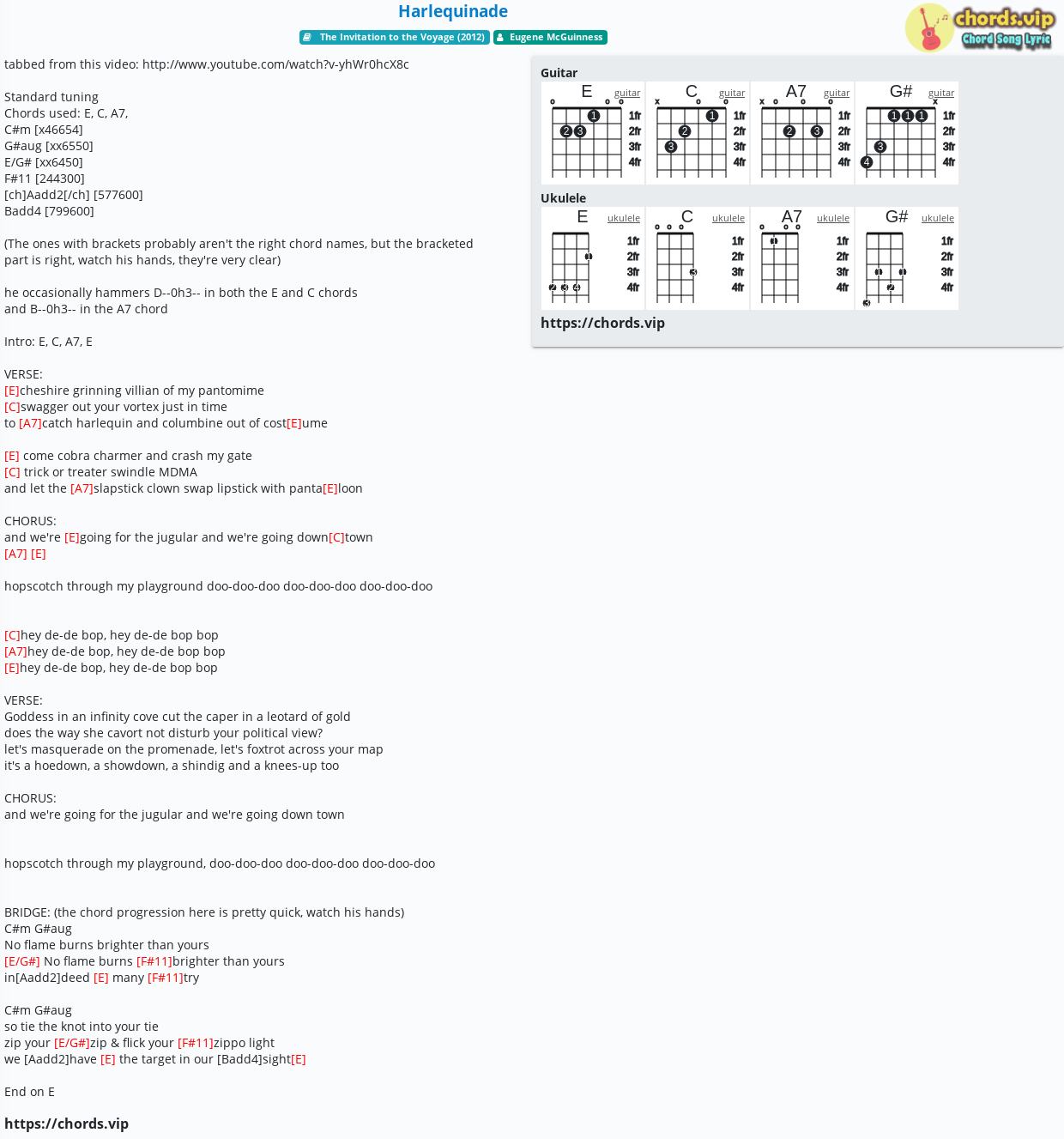 Chord Harlequinade Eugene Mcguinness Tab Song Lyric Sheet Guitar Ukulele Chords Vip