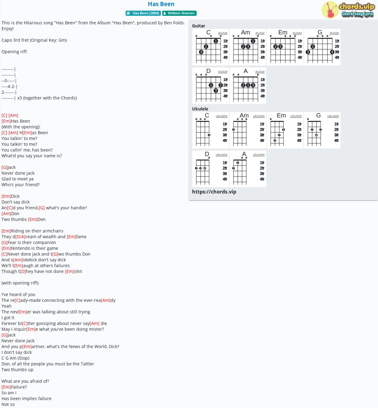 Chord Has Been William Shatner Tab Song Lyric Sheet Guitar Ukulele Chords Vip