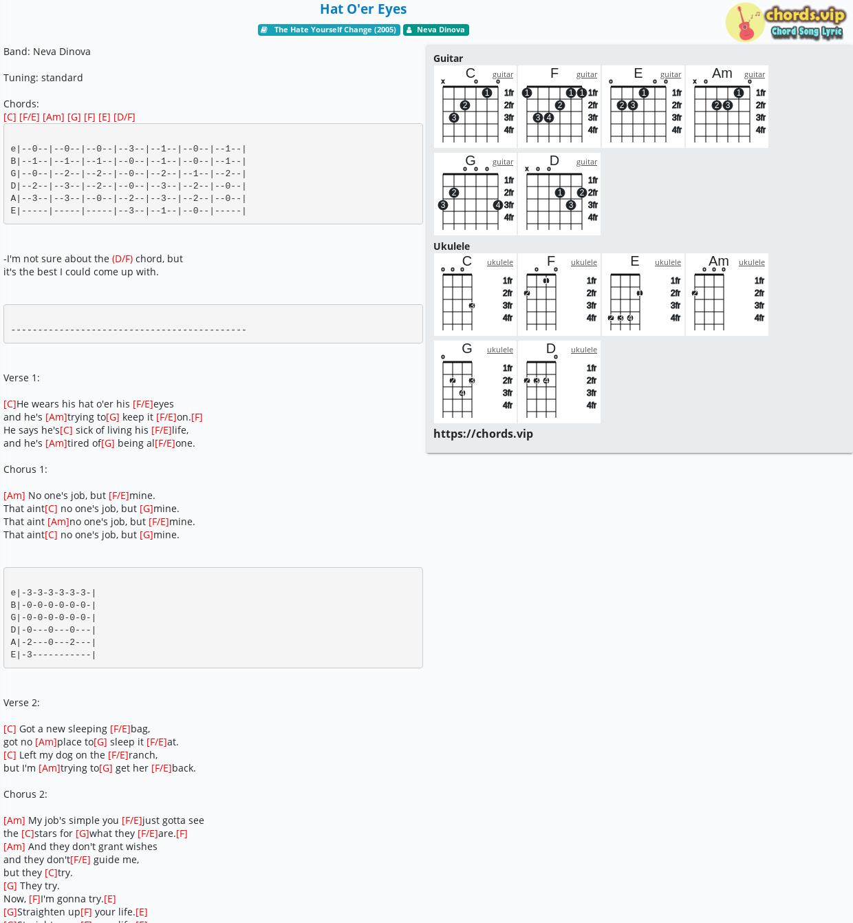 Chord Hat O Er Eyes Neva Dinova Tab Song Lyric Sheet Guitar Ukulele Chords Vip