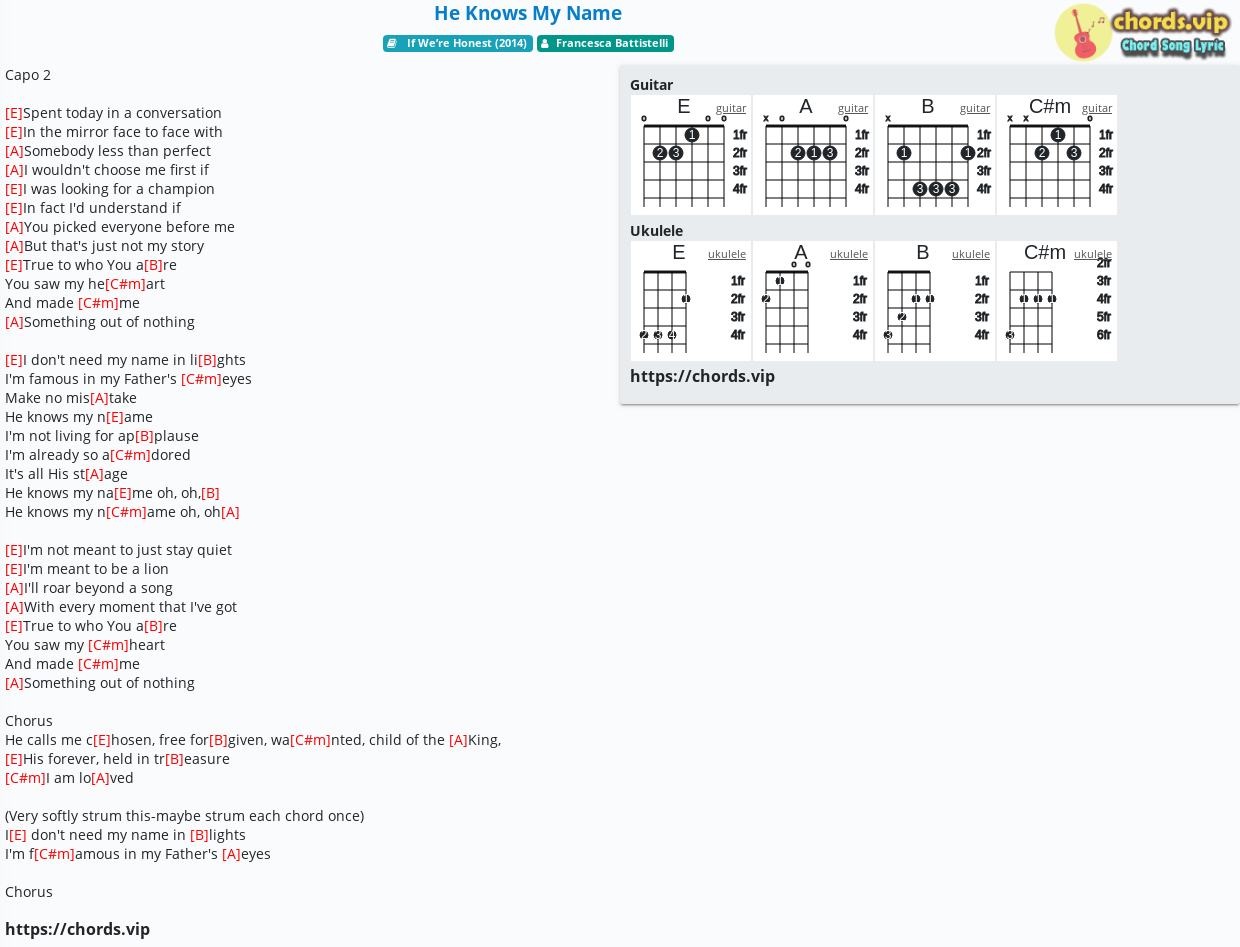 Chord He Knows My Name Francesca Battistelli Tab Song Lyric Sheet Guitar Ukulele Chords Vip