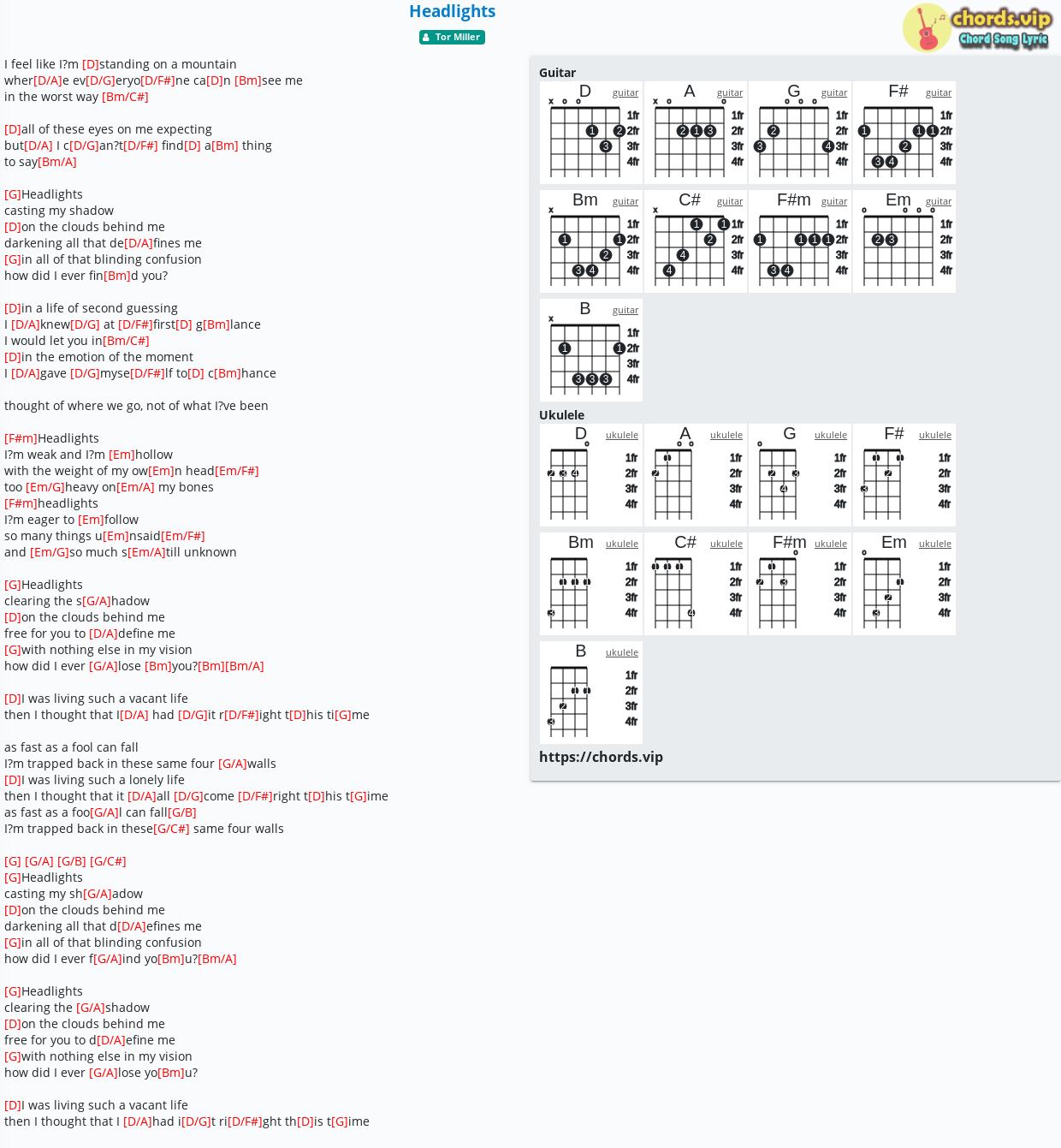 Chord Headlights Tor Miller Tab Song Lyric Sheet Guitar Ukulele Chords Vip