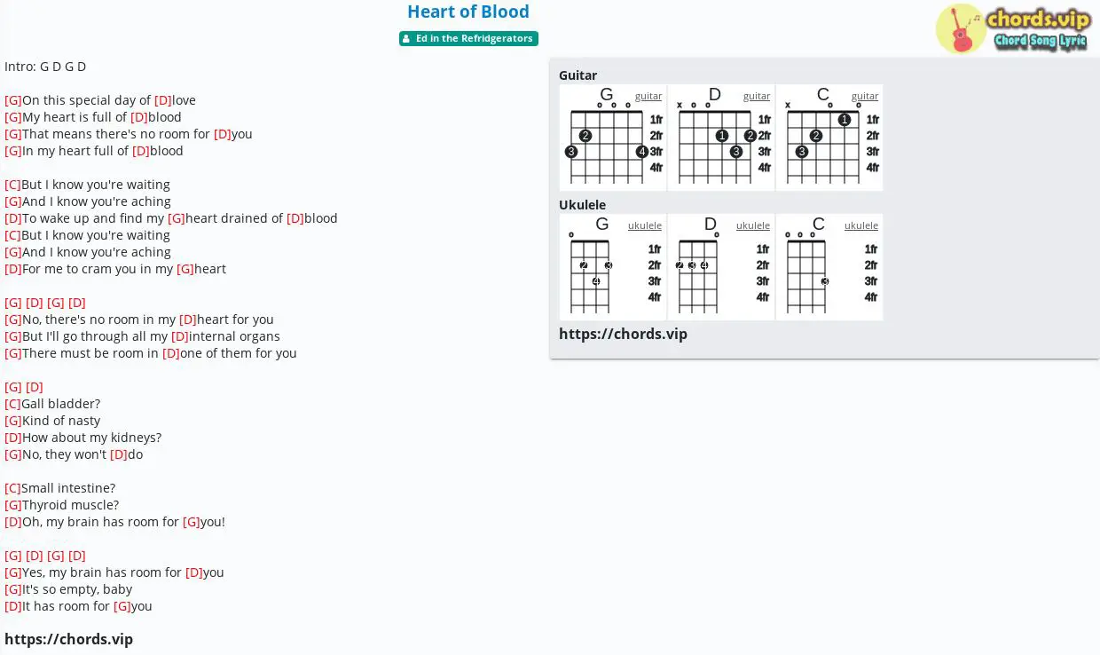 Chord Heart Of Blood Ed In The Refridgerators Tab Song Lyric Sheet Guitar Ukulele Chords Vip