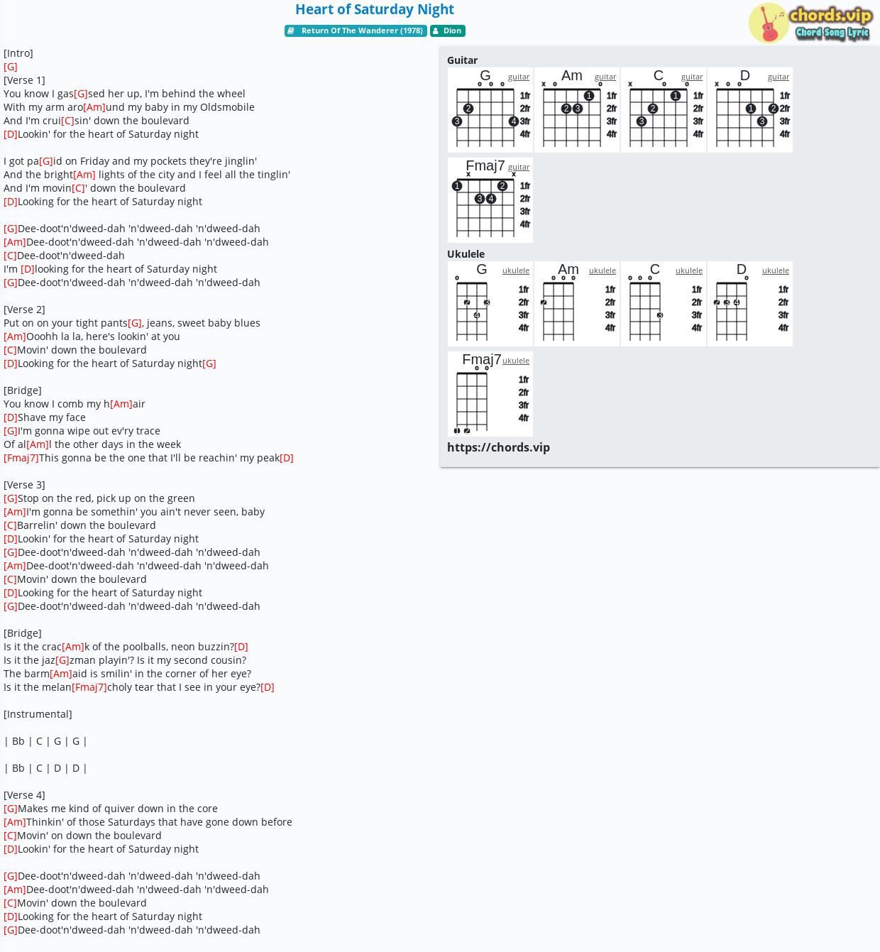 Chord Heart Of Saturday Night Dion Tab Song Lyric Sheet Guitar Ukulele Chords Vip