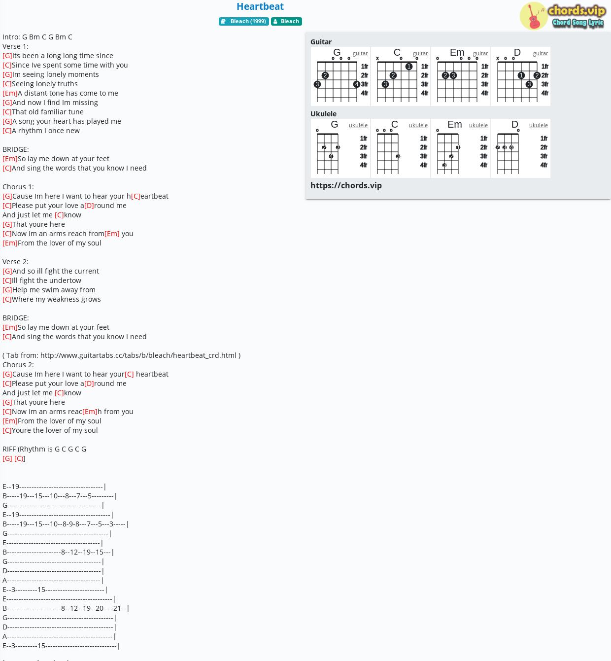 Chord Heartbeat Bleach Tab Song Lyric Sheet Guitar Ukulele Chords Vip
