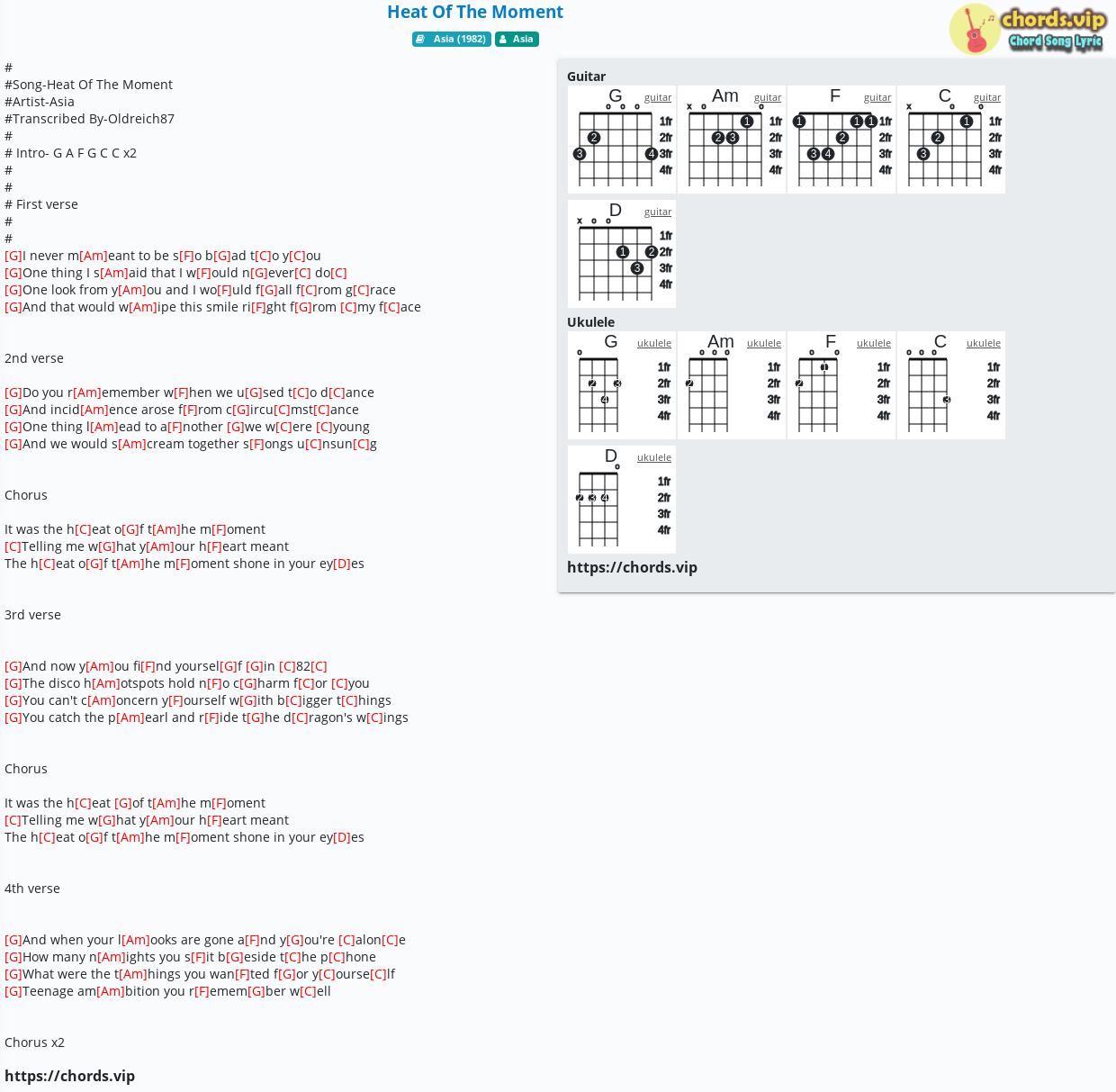 Chord Heat Of The Moment Asia Tab Song Lyric Sheet Guitar Ukulele Chords Vip