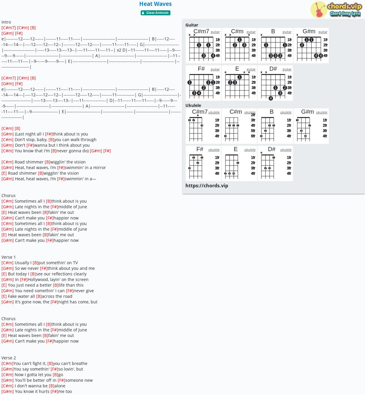 Chord: Heat Waves - tab, song lyric, sheet, guitar, ukulele | chords.vip