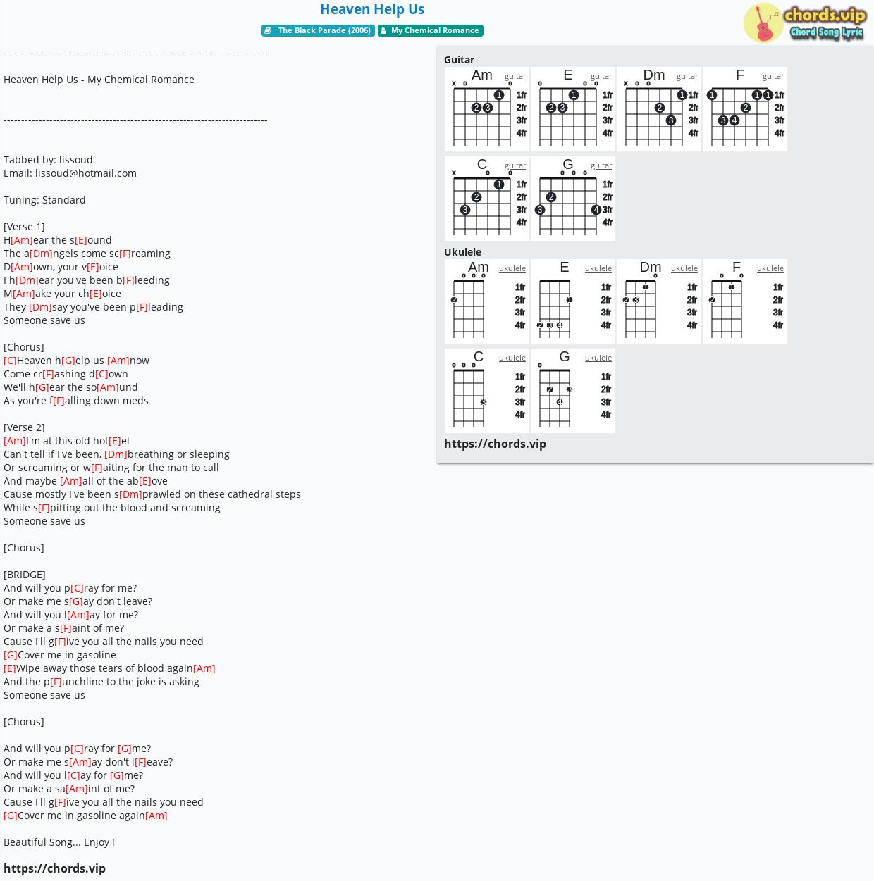 Chord Heaven Help Us My Chemical Romance Tab Song Lyric Sheet Guitar Ukulele Chords Vip