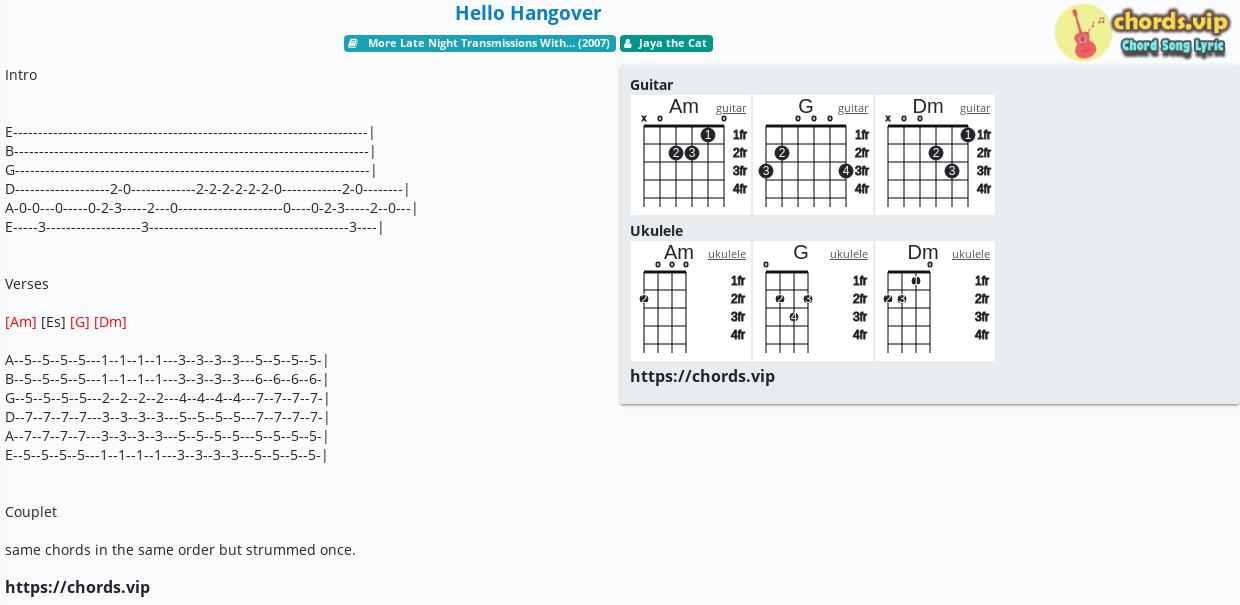 Chord Hello Hangover Jaya The Cat Tab Song Lyric Sheet Guitar Ukulele Chords Vip