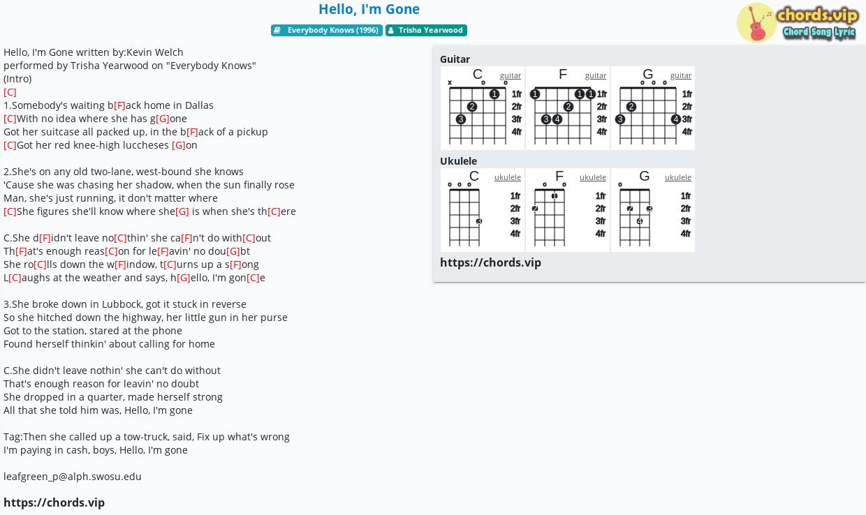 Chord Hello I M Gone Trisha Yearwood Tab Song Lyric Sheet Guitar Ukulele Chords Vip