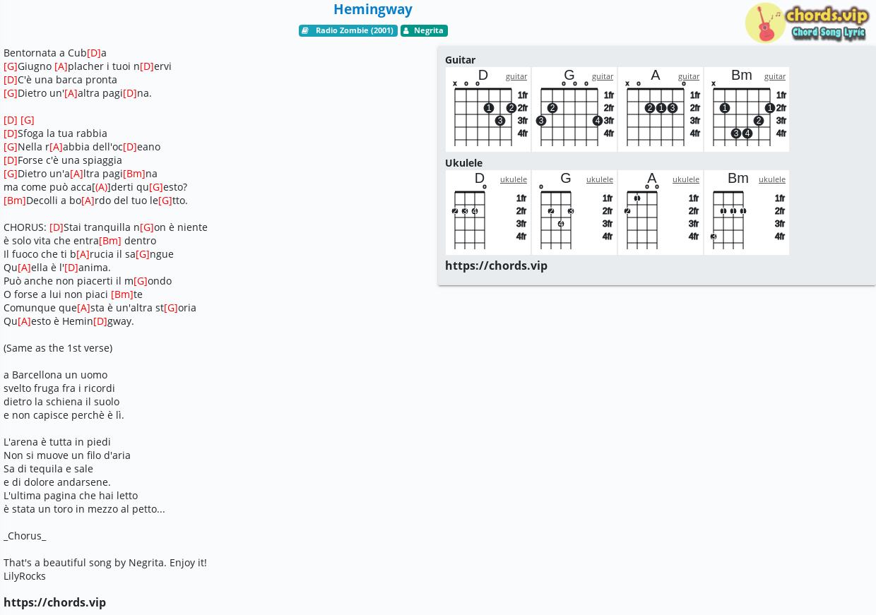 Chord Hemingway Negrita Tab Song Lyric Sheet Guitar Ukulele Chords Vip
