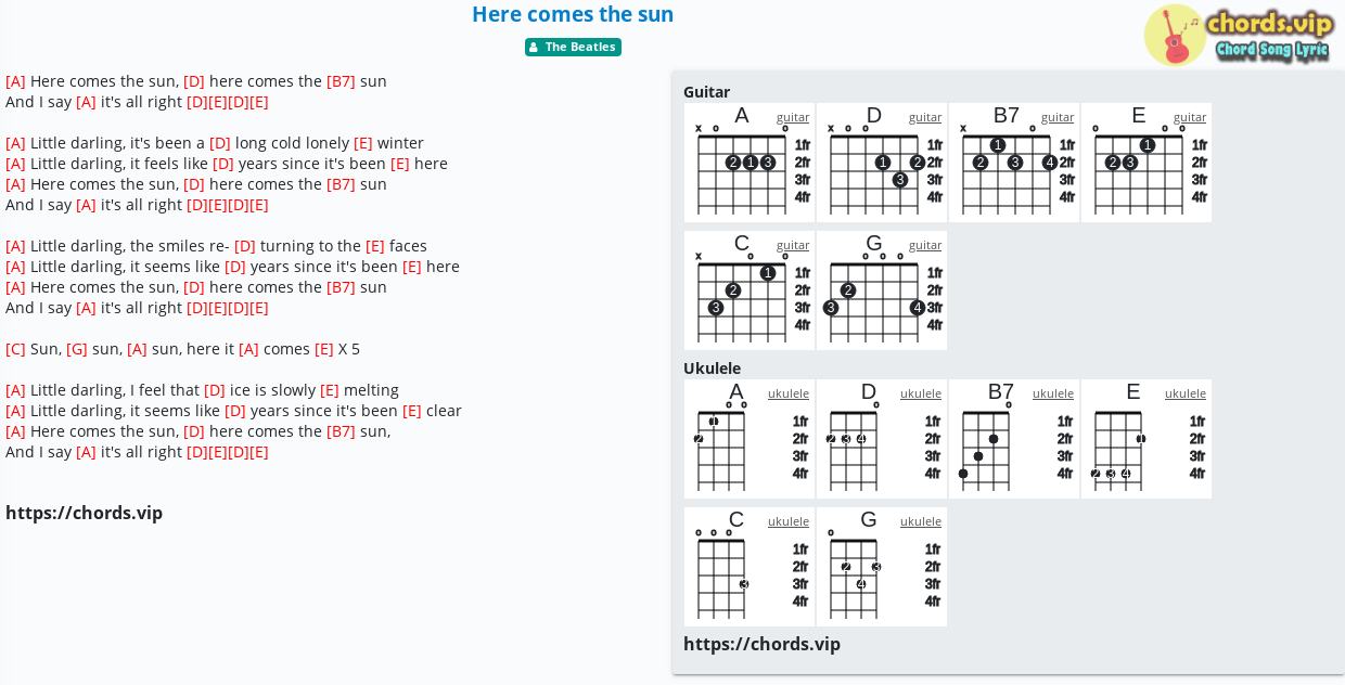 Chord Here Comes The Sun The Beatles Richie Havens Tab Song Lyric Sheet Guitar Ukulele Chords Vip