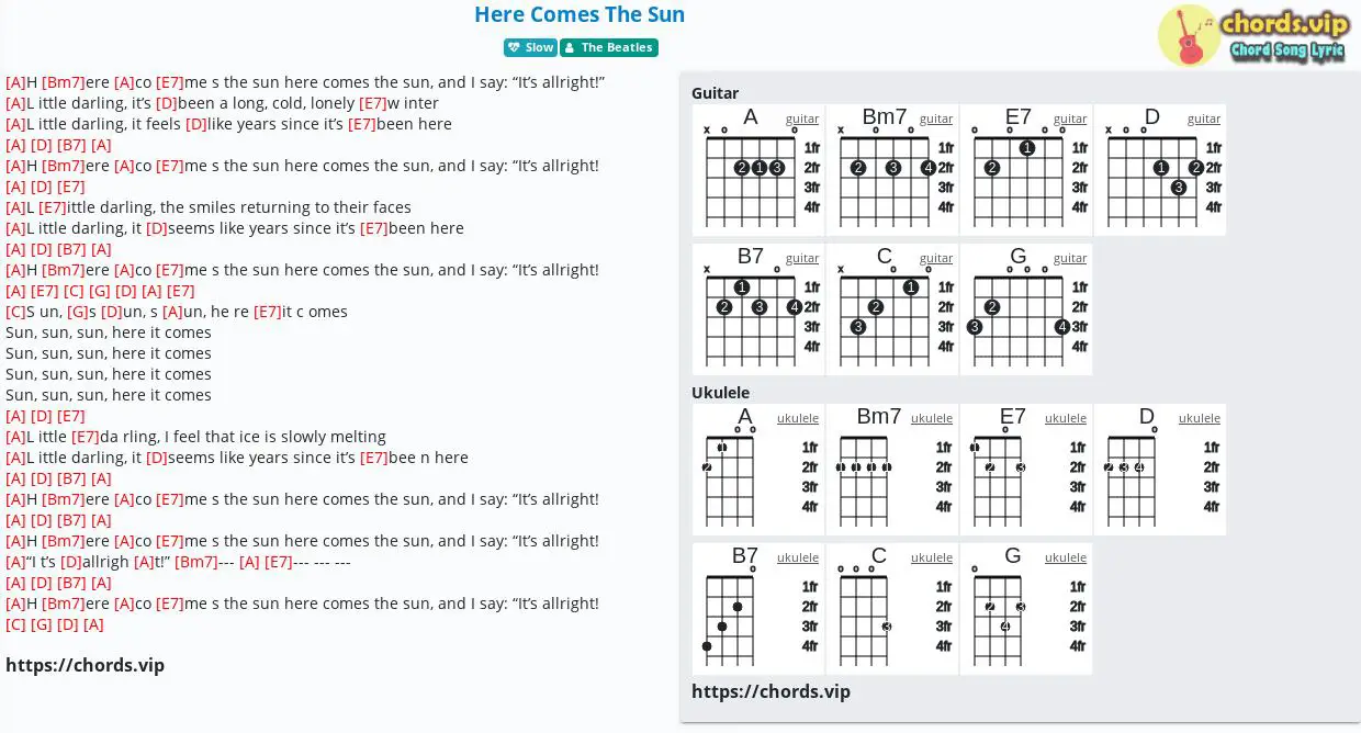 behagelig Auto sympatisk Chord: Here Comes The Sun - The Beatles - tab, song lyric, sheet, guitar,  ukulele | chords.vip