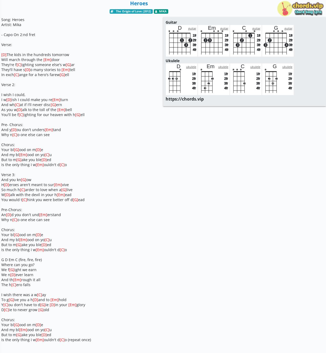 Chord Heroes Mika Tab Song Lyric Sheet Guitar Ukulele Chords Vip