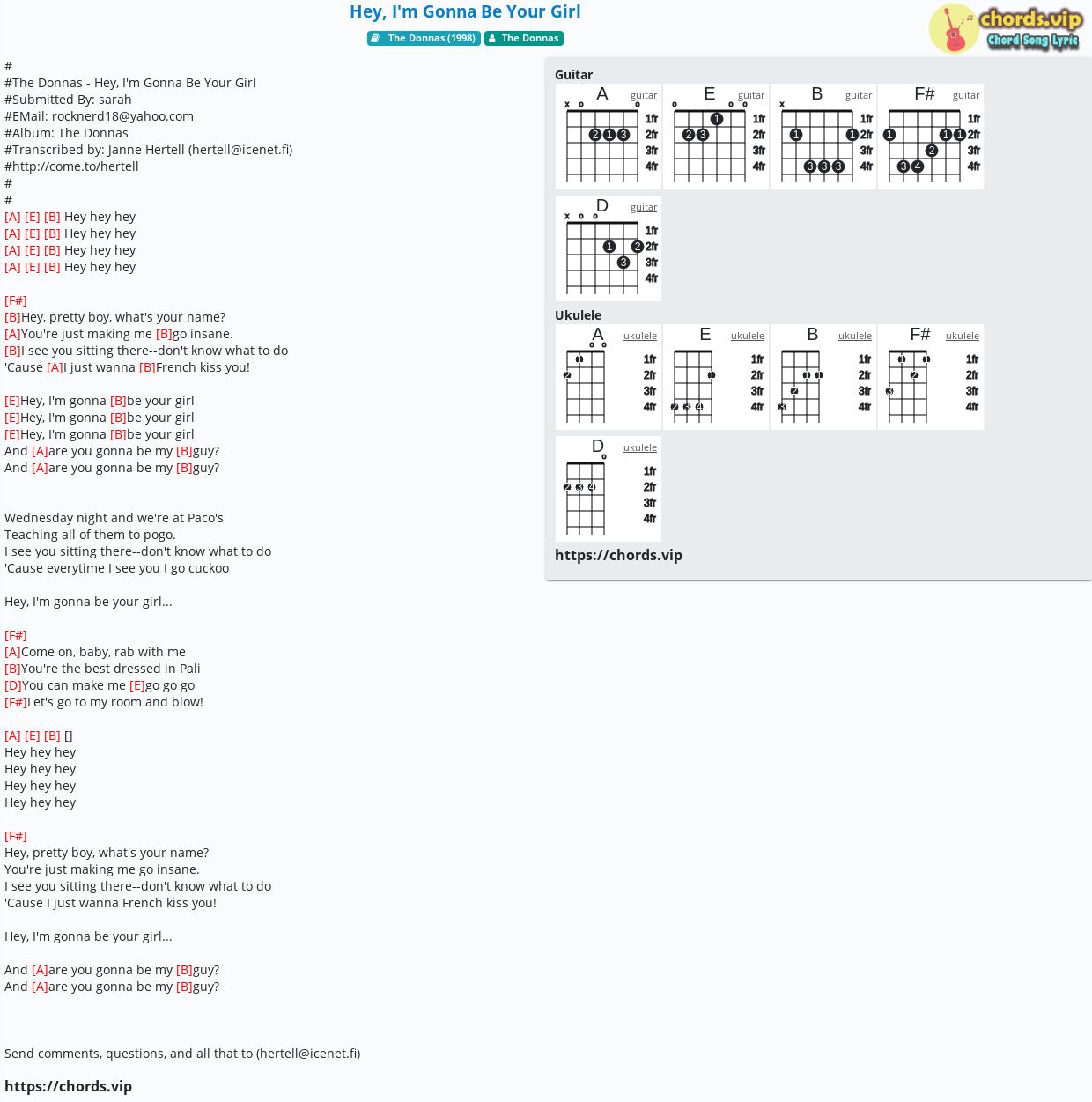 Chord Hey I M Gonna Be Your Girl The Donnas Tab Song Lyric Sheet Guitar Ukulele Chords Vip