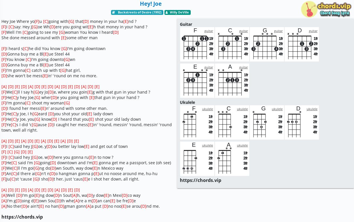 Chord Hey Joe Willy Deville Tab Song Lyric Sheet Guitar Ukulele Chords Vip