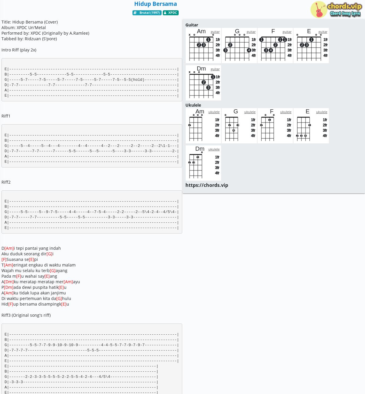 Chord: Hidup Bersama - tab, song lyric, sheet, guitar, ukulele | chords.vip