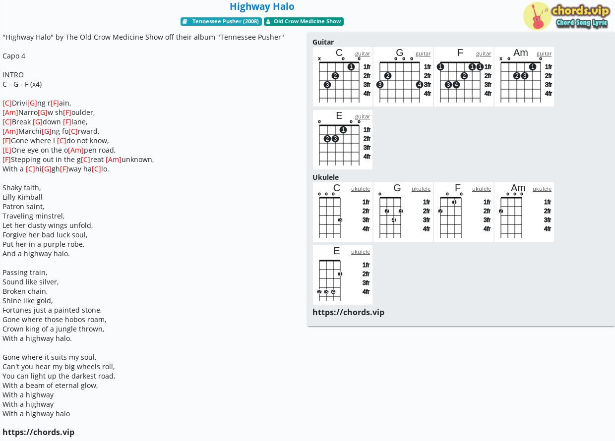 Chord Highway Halo Old Crow Medicine Show Tab Song Lyric Sheet Guitar Ukulele Chords Vip