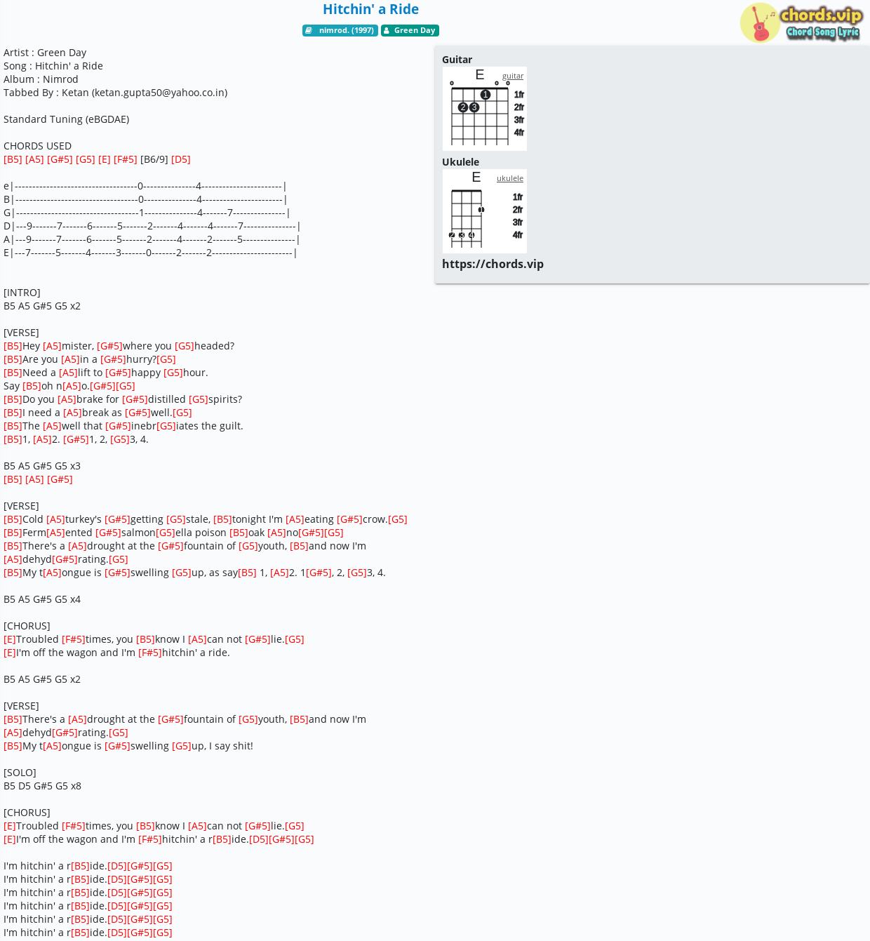 Chord Hitchin' a Ride tab, song lyric, sheet, guitar, ukulele