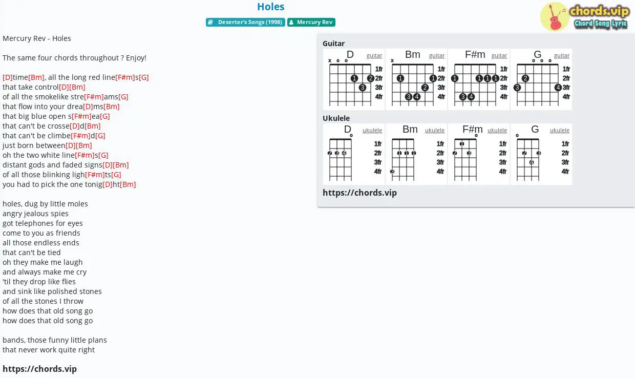 Chord Holes tab, song lyric, sheet, guitar, ukulele chords.vip