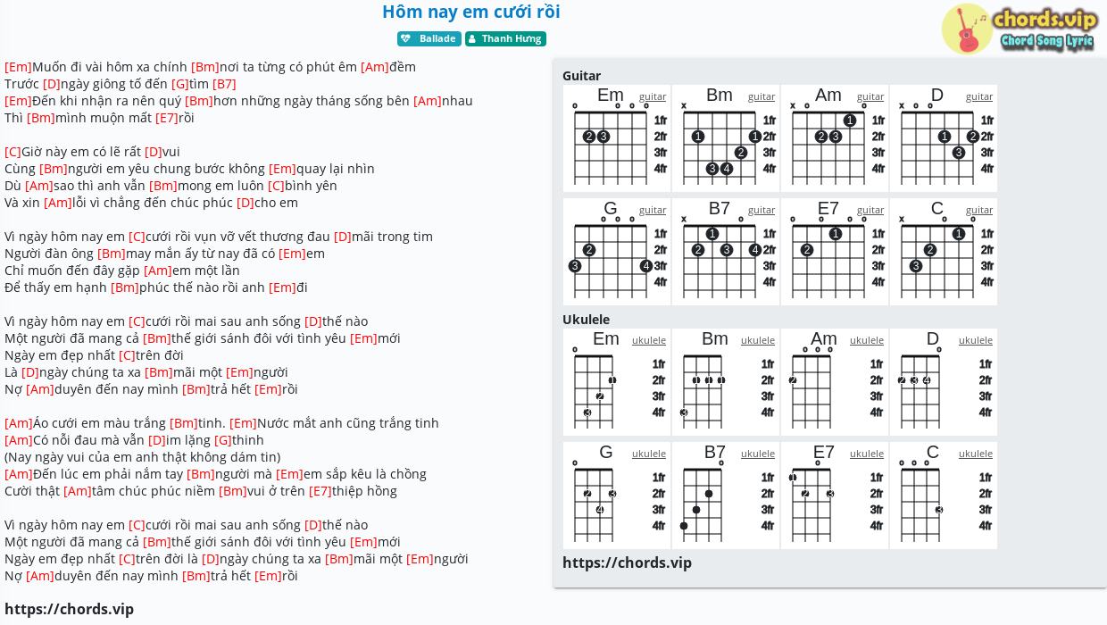 Hợp âm: Hôm nay em cưới rồi - Thanh Hưng - cảm âm, tab guitar, ukulele - lời bài hát | chords.vip