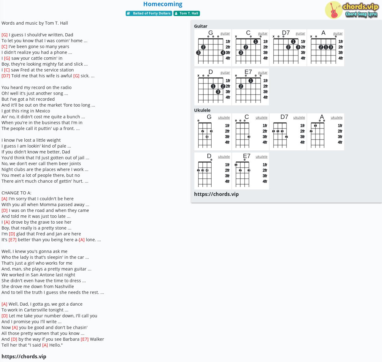 Chord Homecoming Tom T Hall Tab Song Lyric Sheet Guitar Ukulele Chords Vip