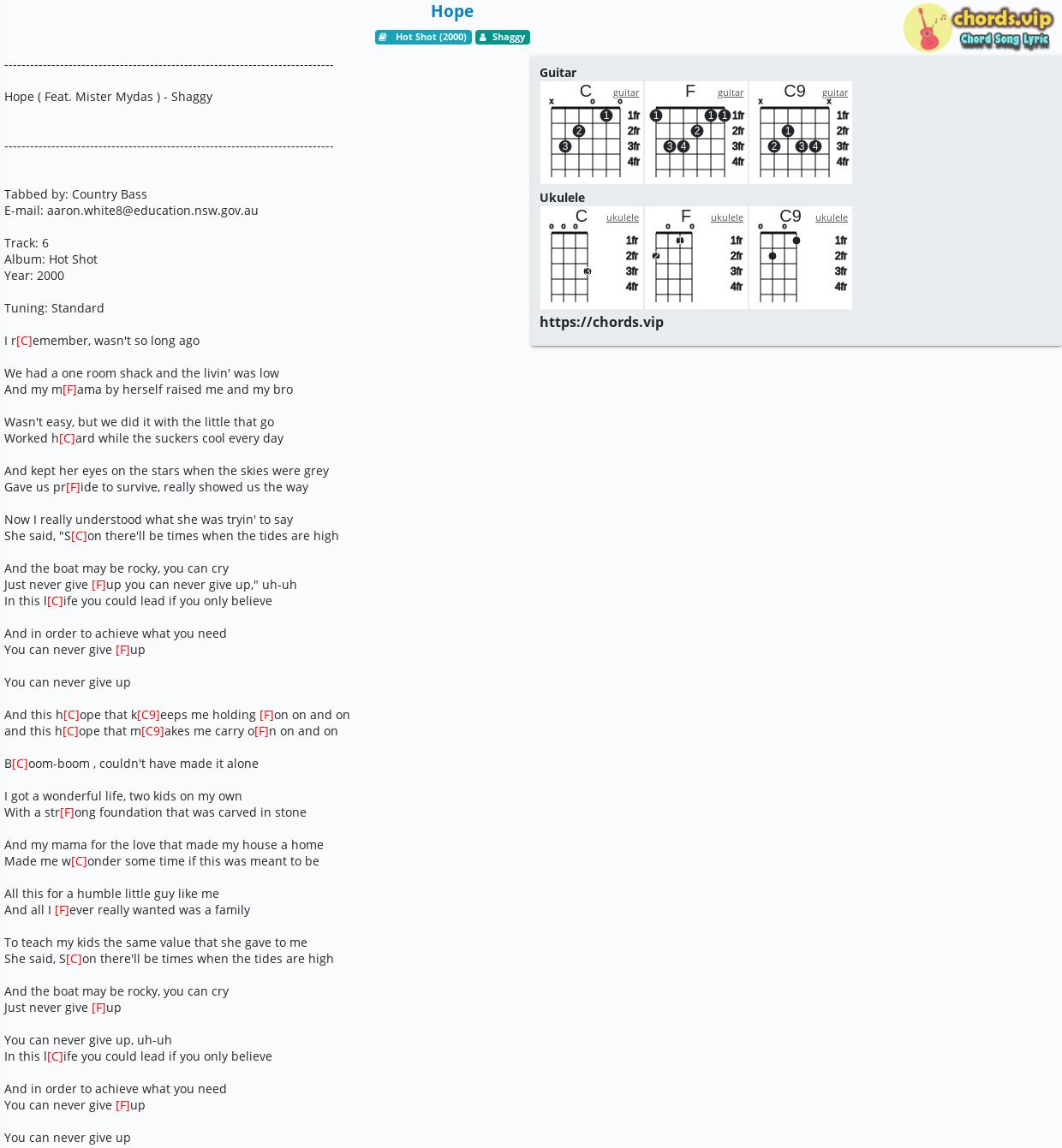 Chord Hope Shaggy Tab Song Lyric Sheet Guitar Ukulele Chords Vip