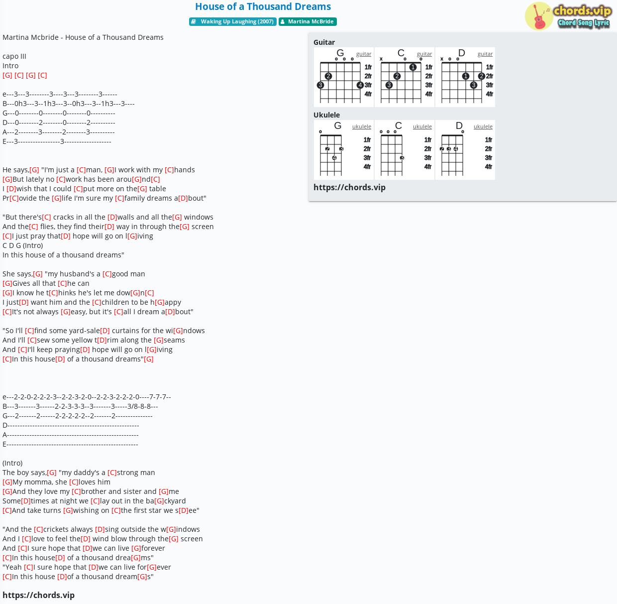 Chord House Of A Thousand Dreams Martina Mcbride Tab Song Lyric Sheet Guitar Ukulele Chords Vip