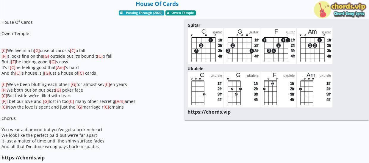 Chord House Of Cards Owen Temple Tab Song Lyric Sheet Guitar Ukulele Chords Vip