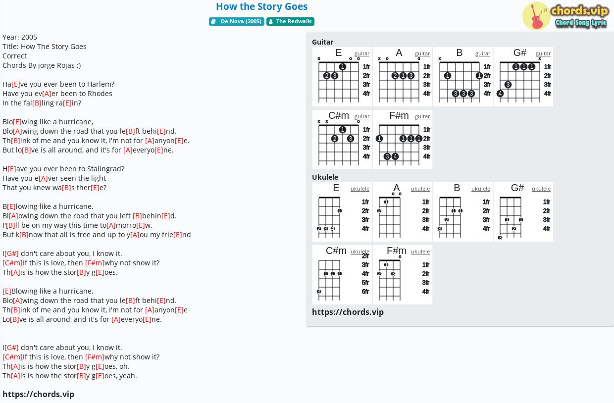 Chord How The Story Goes The Redwalls Tab Song Lyric Sheet Guitar Ukulele Chords Vip