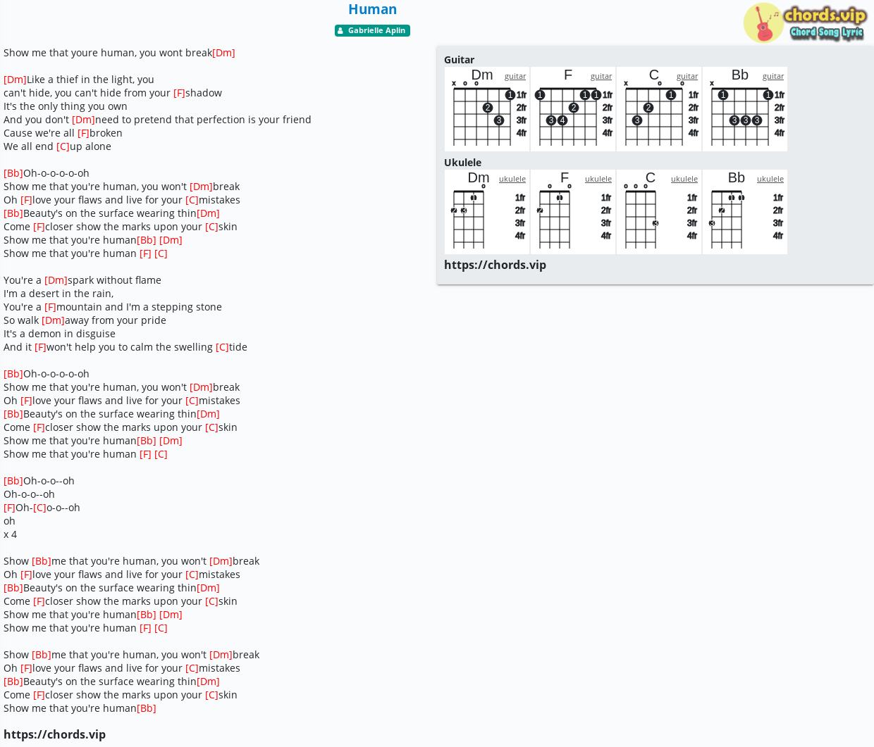 Chord Human Gabrielle Aplin Tab Song Lyric Sheet Guitar Ukulele Chords Vip