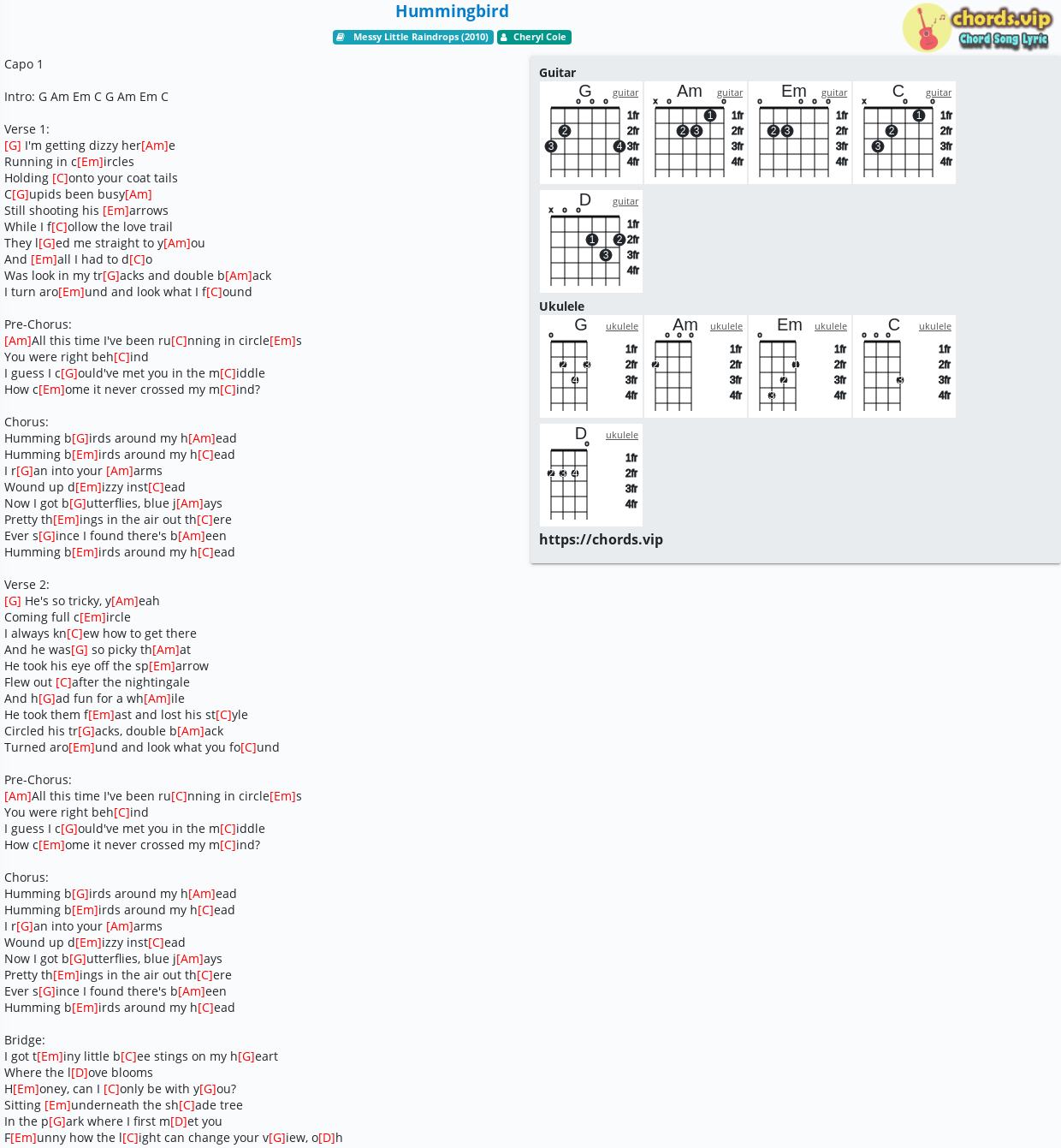 Chord Hummingbird Cheryl Cole Tab Song Lyric Sheet Guitar Ukulele Chords Vip