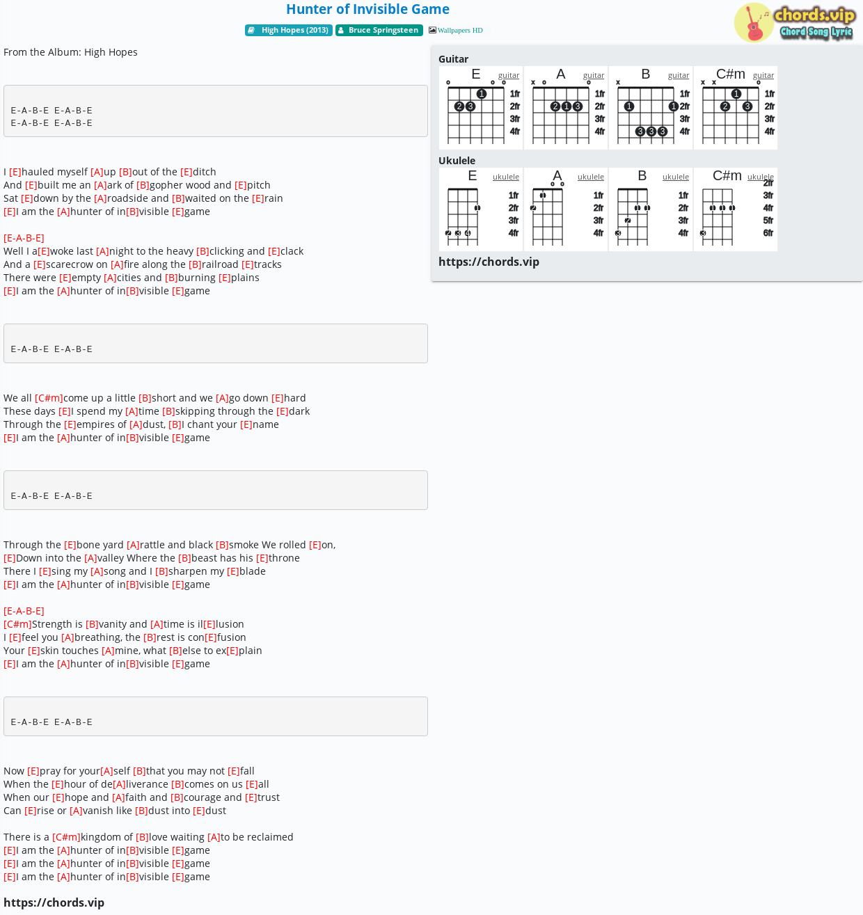 Chord Hunter Of Invisible Game Bruce Springsteen Tab Song Lyric Sheet Guitar Ukulele Chords Vip