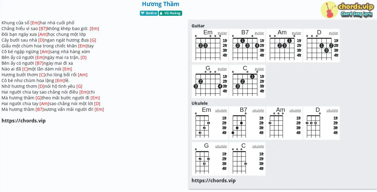 Hợp âm: Hương Thầm - Vũ Hoàng - cảm âm, tab guitar, ukulele - lời bài hát | chords.vip