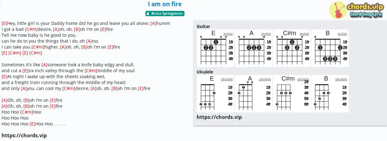 ru balkon trappe Chord: I am on fire - Bruce Springsteen - tab, song lyric, sheet, guitar,  ukulele | chords.vip