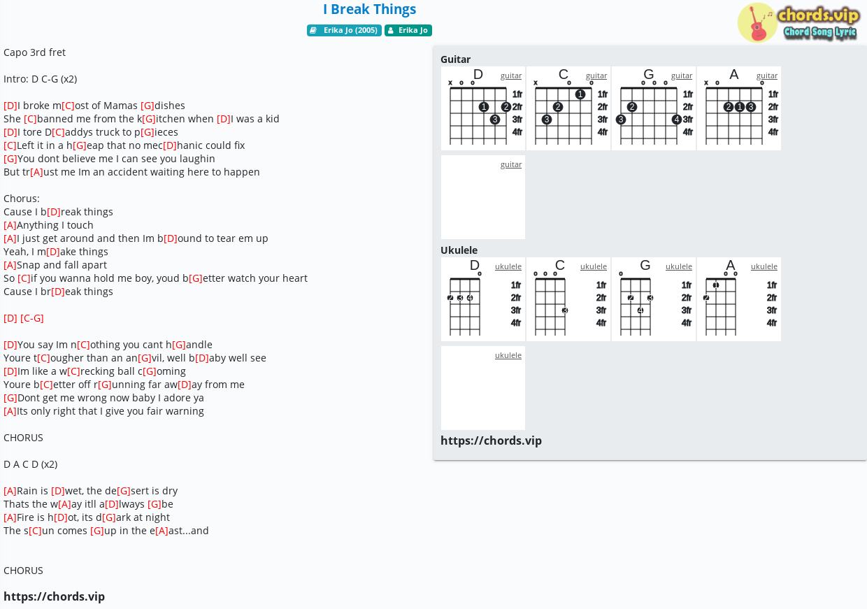 Chord I Break Things Erika Jo Tab Song Lyric Sheet Guitar Ukulele Chords Vip