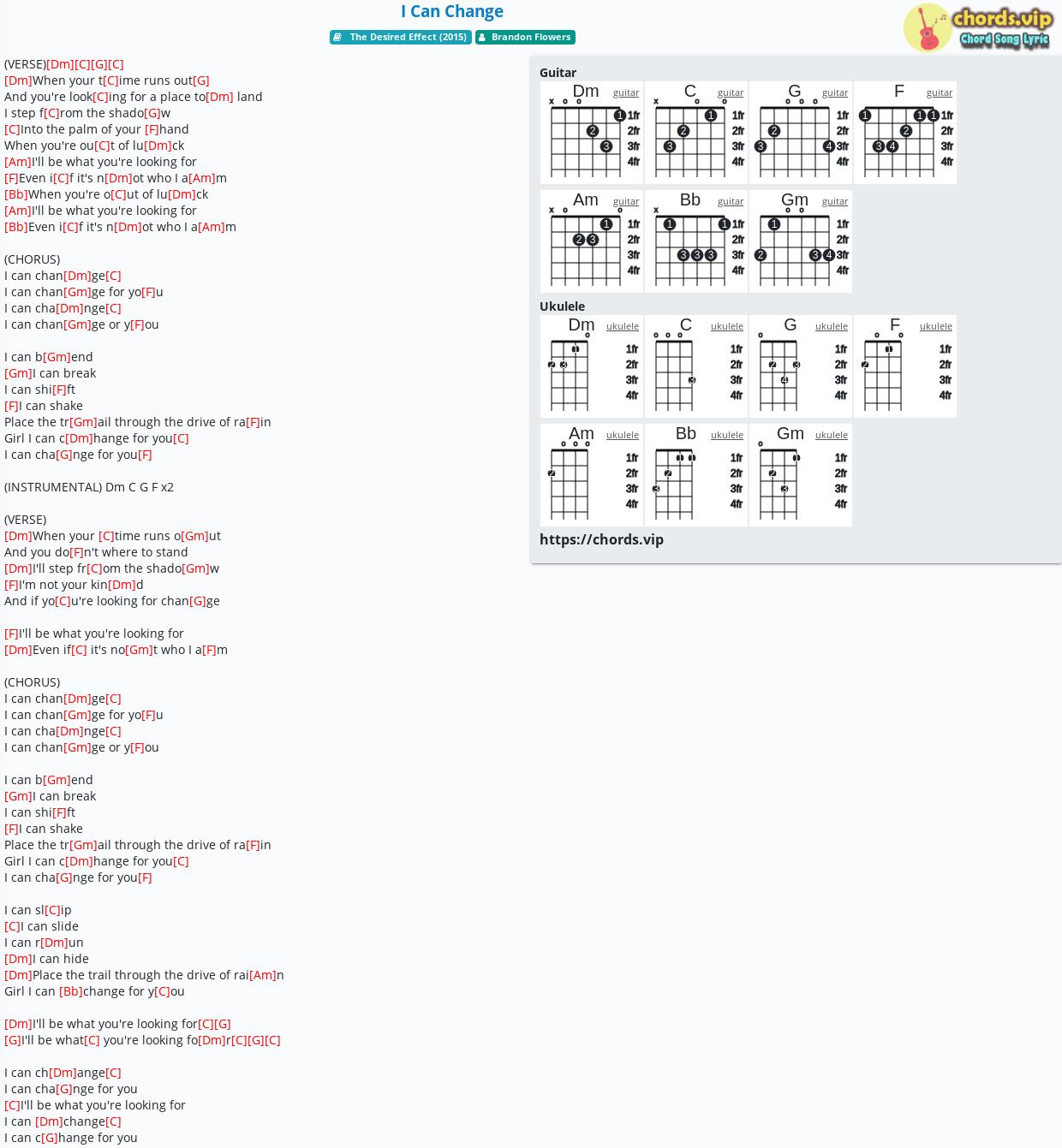 Chord I Can Change Brandon Flowers Tab Song Lyric Sheet Guitar Ukulele Chords Vip