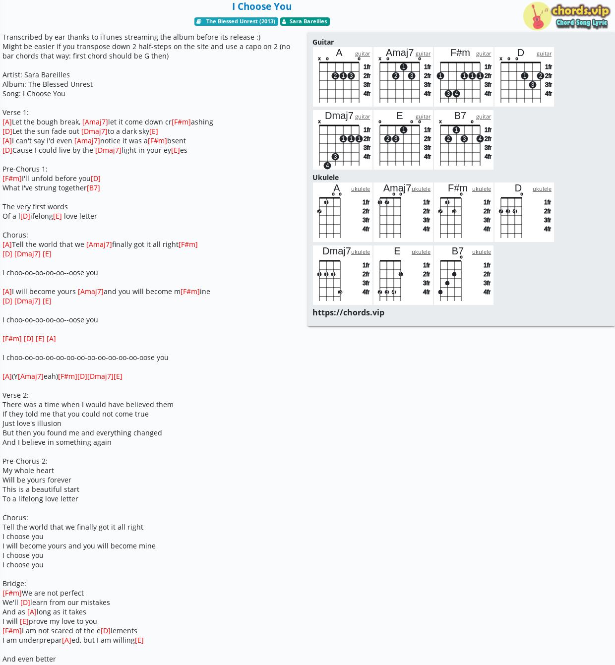 chords for sara bareilles i choose you